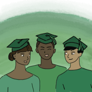 Graphic with three students in graduation caps.